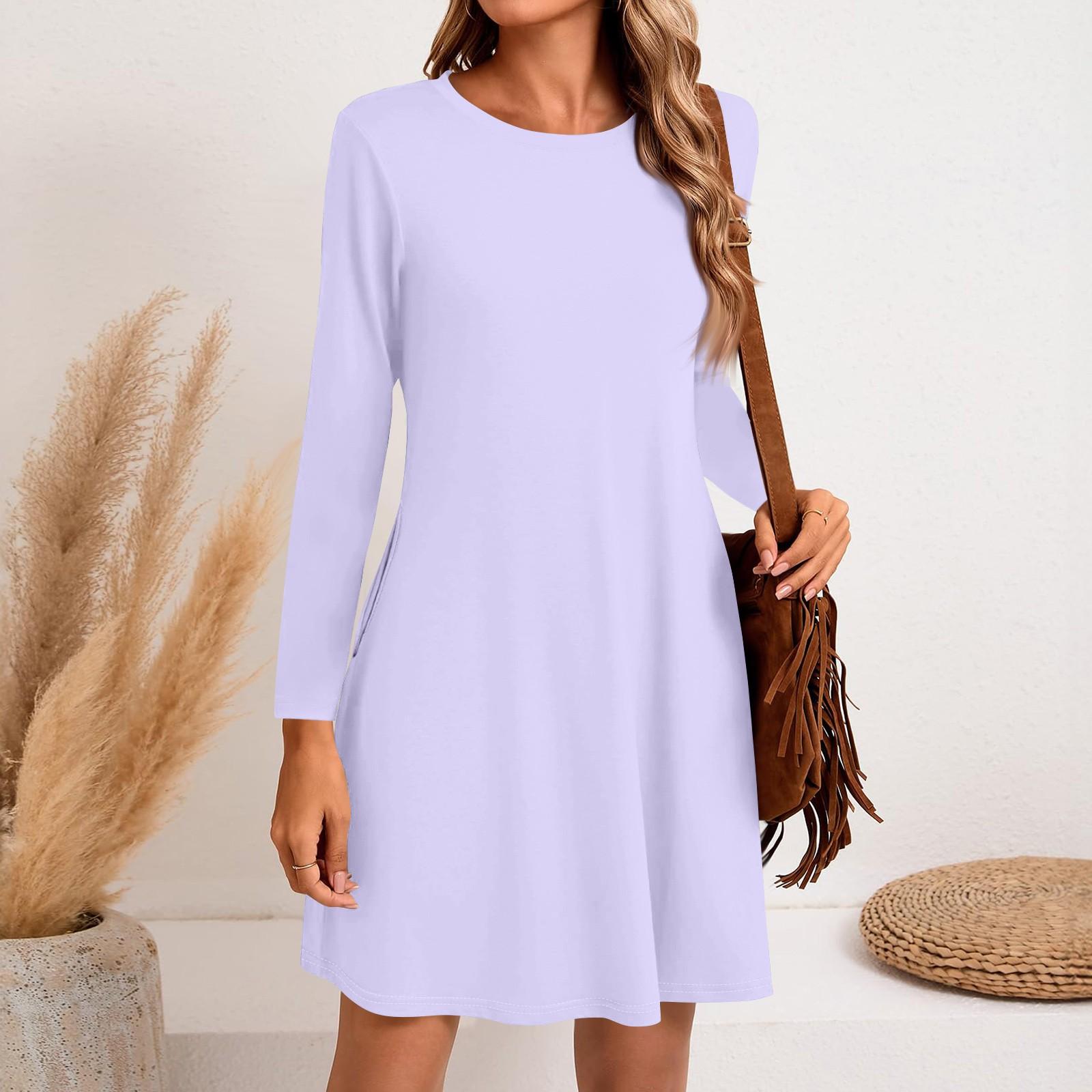 

Женское модное повседневное однотонное платье с круглым вырезом и длинным рукавом, короткими боковыми карманами XL светло-фиолетовый