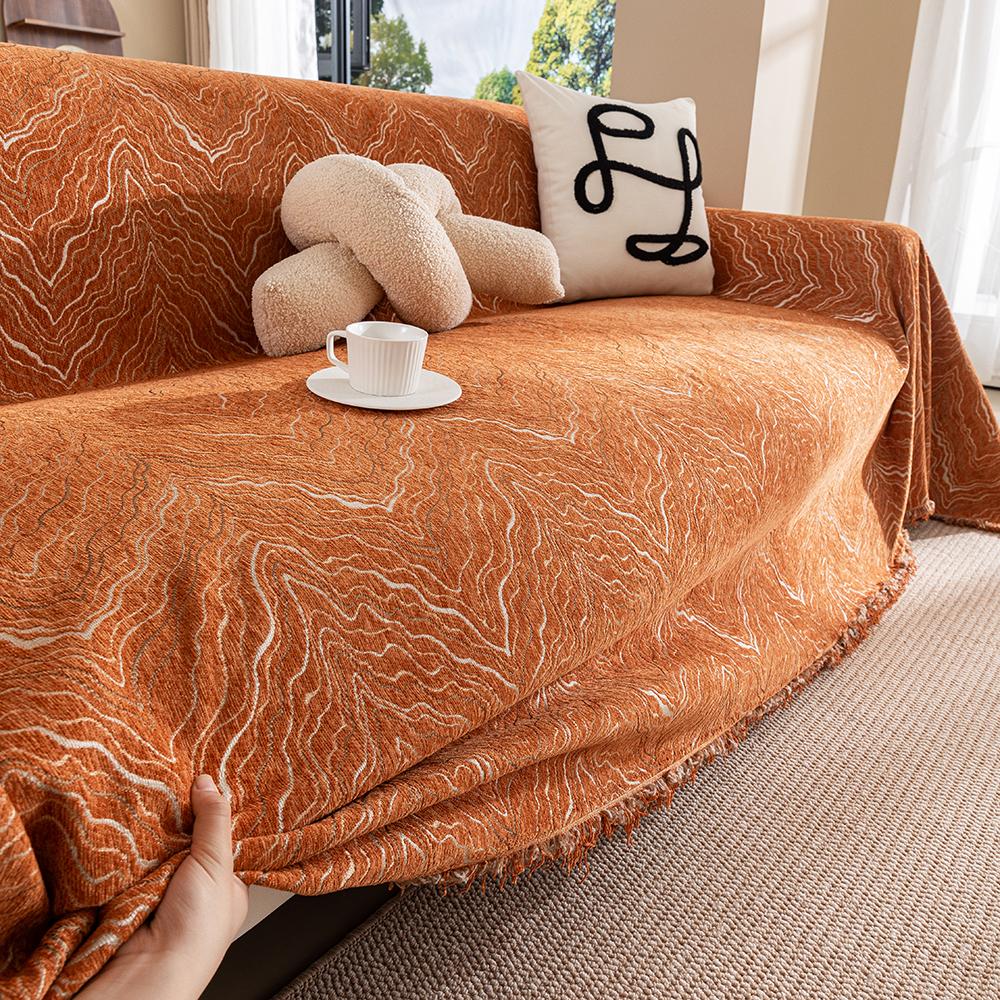 Toalla de Sofá de Chenilla Naranja Otoñal para la Sala de Estar, Decoración del Hogar de Estilo Nórdico con Bordes de Borlas, Juego de Sofá de Tres Plazas