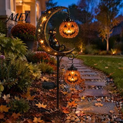 Trick or Treat Outdoor Yard Accents Halloween Solar Garden Stake Light, Black Cat Pumpkin On Crescent Moon with Spooky Pathway Decor Hanging Lantern,