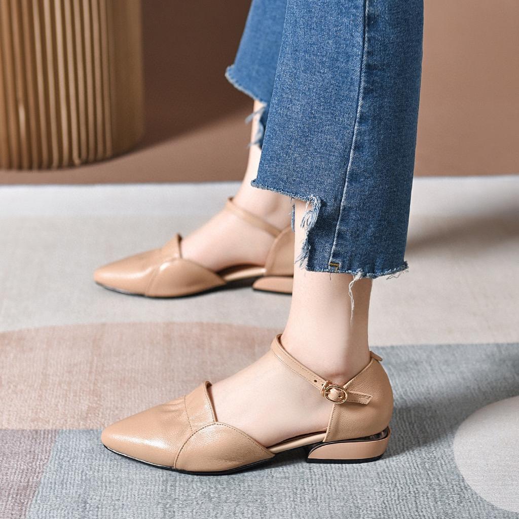 Hollow sandals 2025 summer new ruffle edge pointed head with thick heel middle heel first layer cowhide women's sandals