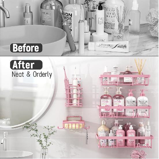 5 Pack Shower Caddy Organizer Rack Shelf for Inside Shower, Adhesive Bathroom Wall Storage Basket Rustproof Stainless Steel Shampoo Holder, Girly