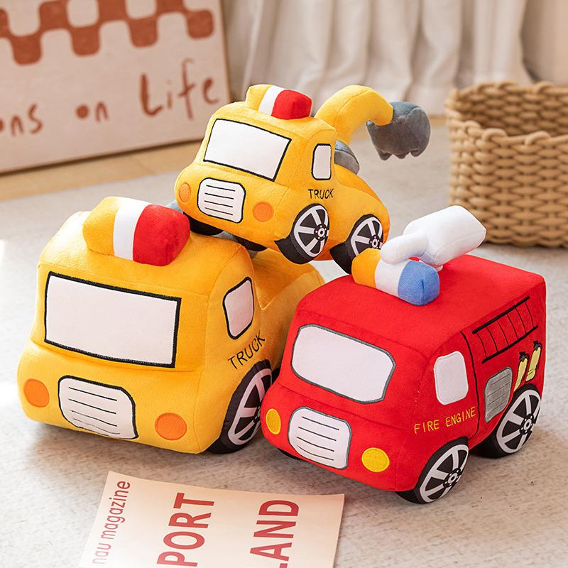 Cartoon Excavator Plush Toy Simulation Construction Fire Police Car Soft Stuffed Animal Kids Birthday Gift