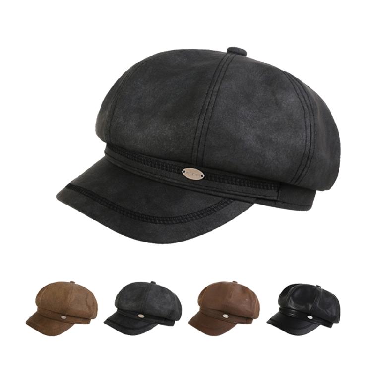 Newsboys Beret Hat Women Girl PU Leather Octagonal Hat Winter Rural Street Caps