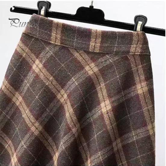 Sukňa so vzorom tartanu Jeseň Zima Dámska Vysoký Elastický Pás Farebné Zladenie Šachovnicového Vzoru A-line Retro Stredná Dĺžka Veľký Rozkolísaný Hrubá Teplá Mäkká Sťahovacia Stredná Časť Lítka