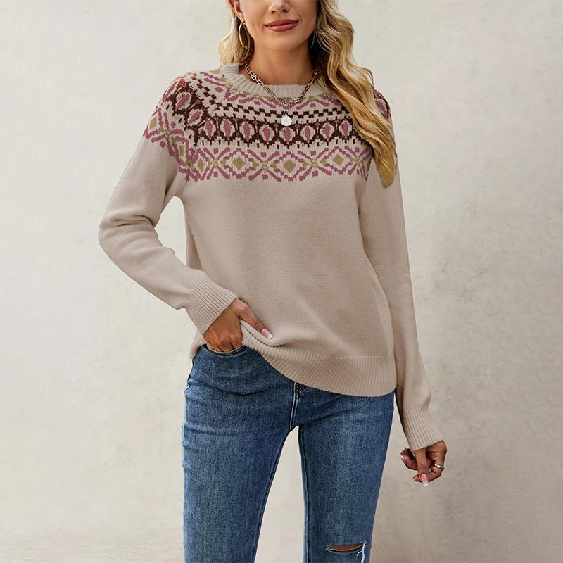 New Autumn and Winter Hot Sale Jacquard Retro Sweater Large Size Crew Neck Pullover Knitted Sweater