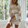Women's Autumn New Fashion Striped Color Block Knit Sweater with Ribbed Crew Neck