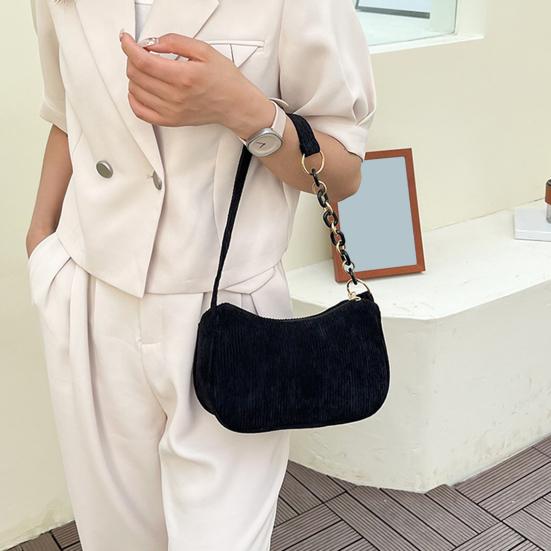 Women Corduroy Shoulder Bag Solid Color Retro Handbag Zippered Underarm Hobo Handbag for Travel Work Parties