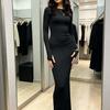 Women's Long Sleeve Maxi Dress Crew Neck High Waist Private Elegant Solid Color Bodycon Mermaid Dress With Finger Cuff Detail