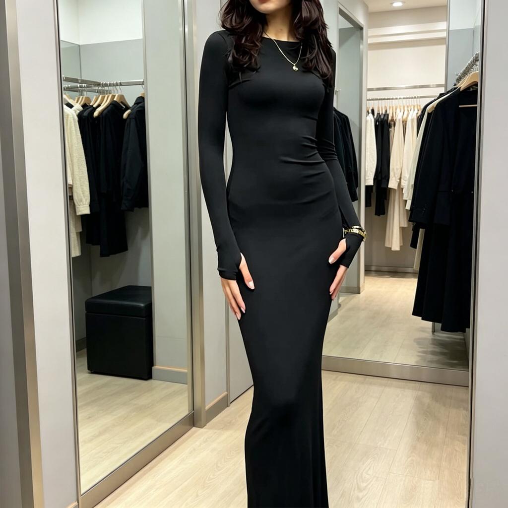 Women's Long Sleeve Maxi Dress Crew Neck High Waist Private Elegant Solid Color Bodycon Mermaid Dress With Finger Cuff Detail