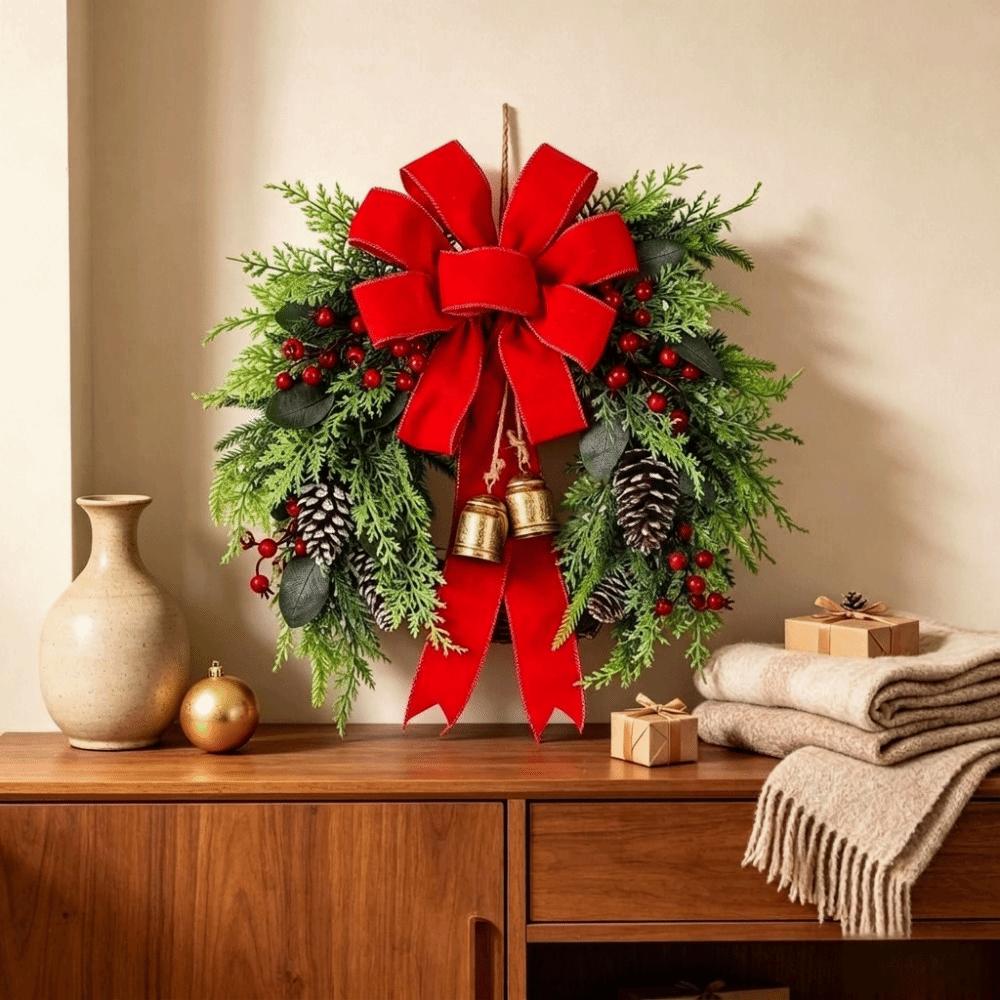 Bowknot Christmas Wreath Bell Hanging Wreath Decoration Artificial Berry Wreath Mantelpiece Decor