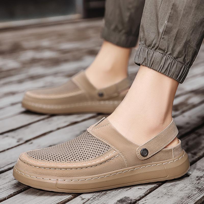 Man's Outdoor Hollow Out Leather Shoes Summer New Sandals Luxury Quality Cowhide Beach Sandals Anti Slip Dual-use Men Slippers