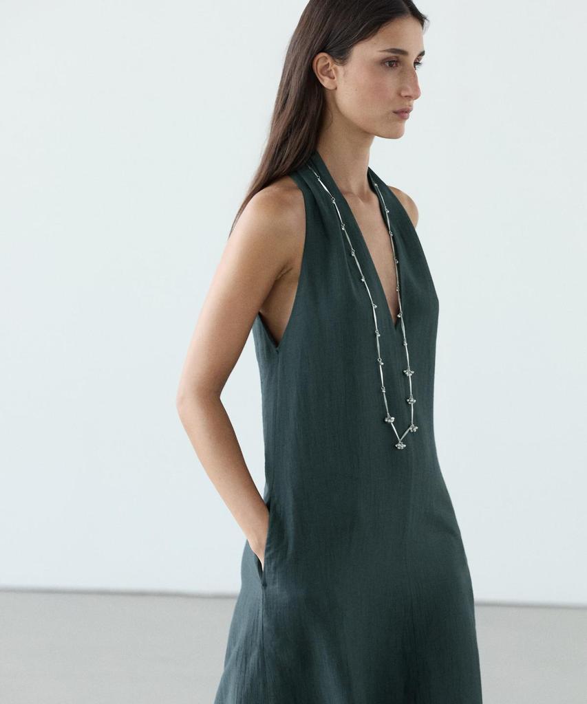 Masimodutti Linen V-Neck Midi Dress