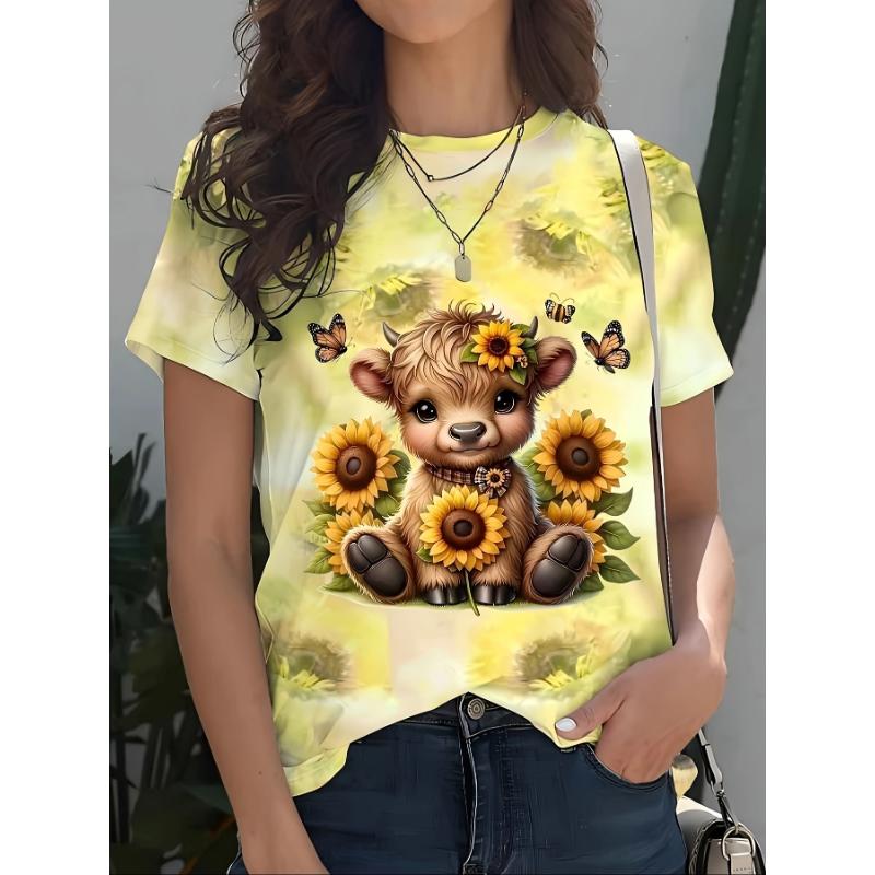 Fashion Women's Crew Neck Short Sleeve 3D Animal Color Printing Animal Short Sleeve Crew Neck T-Shirt