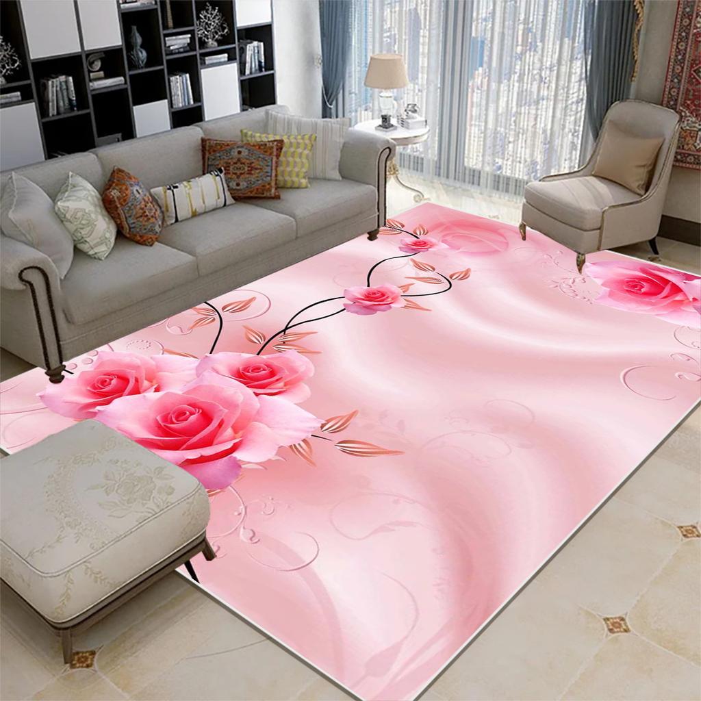 Modern Style Pink Rose Carpets Living Room Decoration Carpet Girl Bedroom Bedside Bay Window Non-slip Rug Washable Floor Mat