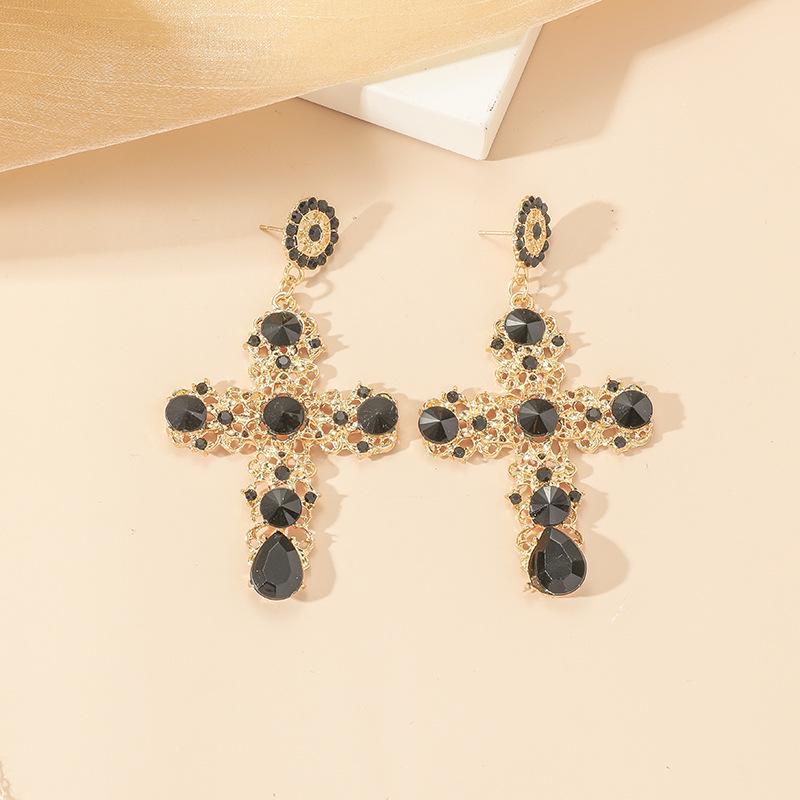 European Luxury Hollow Design Earrings with Rhinestone and Gemstone Cross Accents чёрный