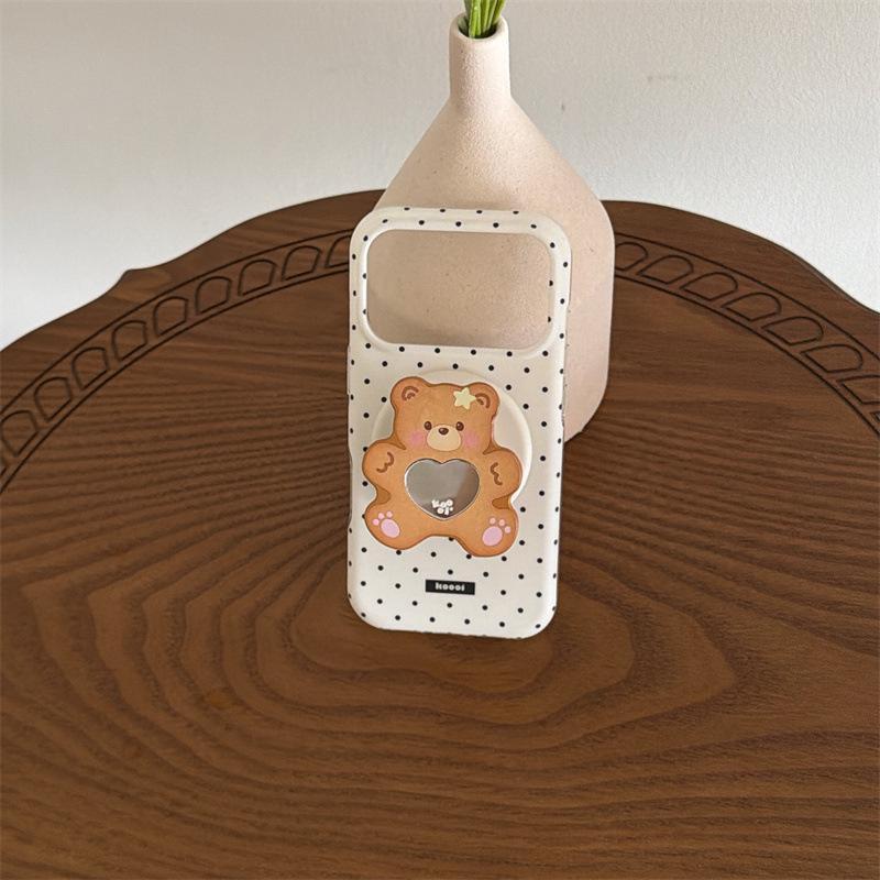 Magnetic Mirror iPhone Case with Korean Style Polka Dot Bear Heart Design (Compatible with iPhone 17, 16 Pro Max, 15, 14)