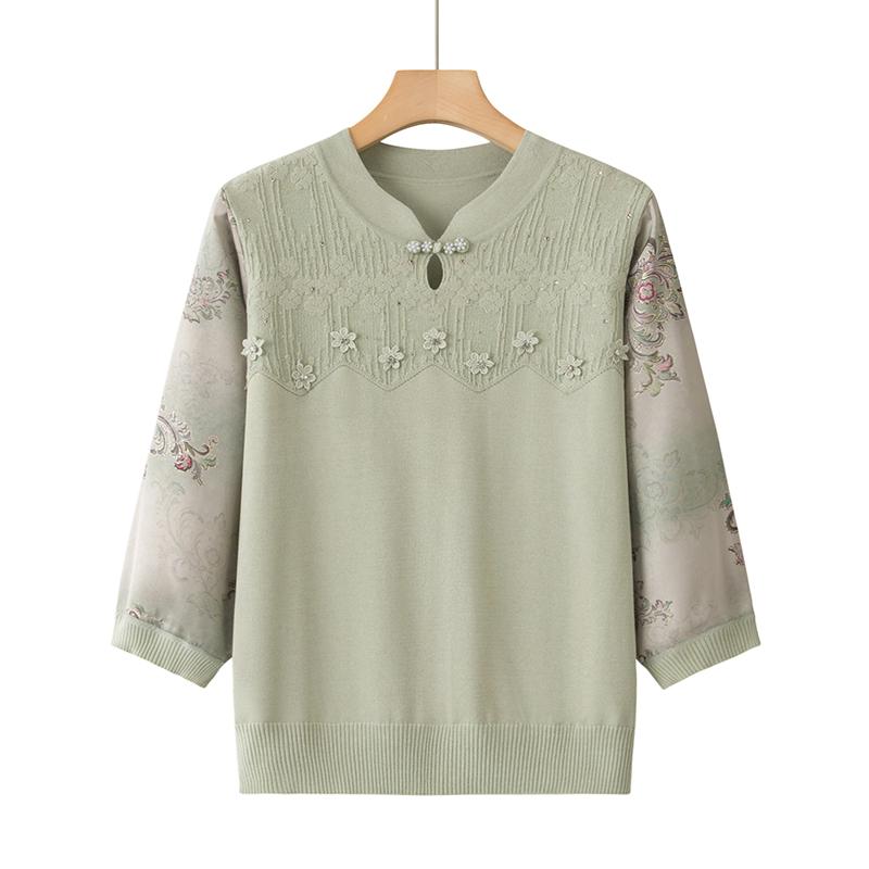 

Stylish Summer Ice Silk Knit T-shirt for Moms 50-60 Years - Chic, High-End Grandma s Top 2XL (Recommended 53-60 kg)
