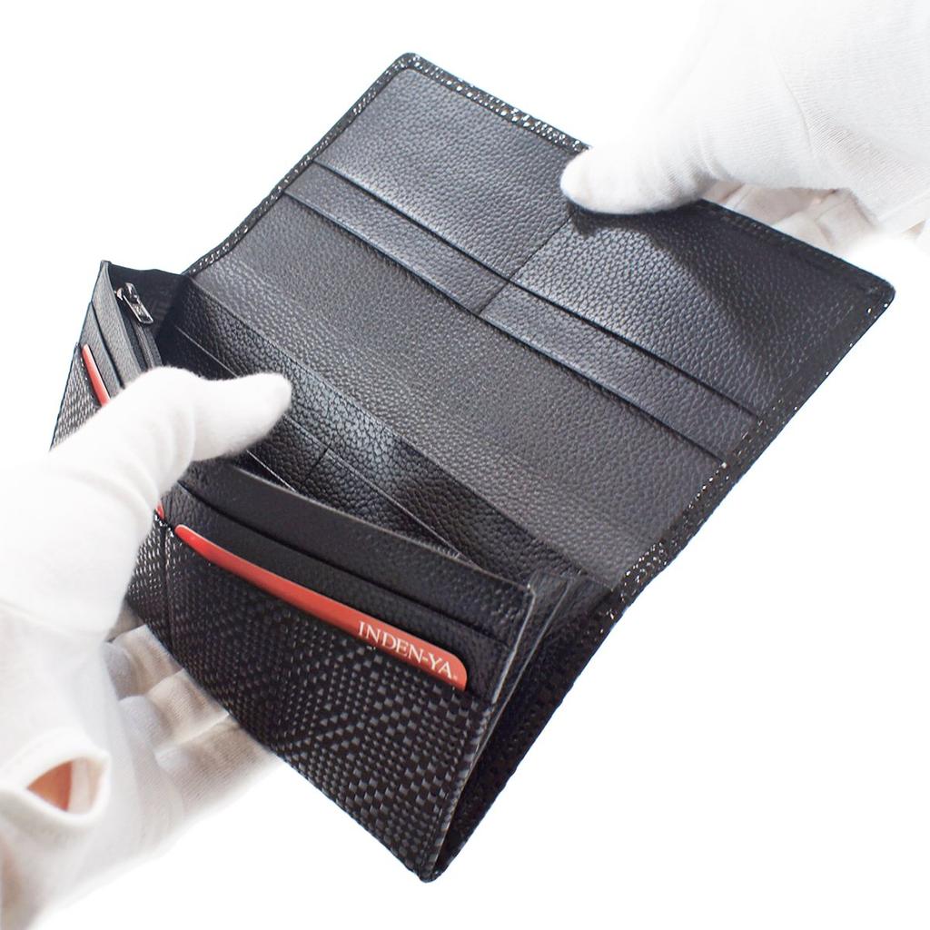 Inden langes Bündel mit Münze schwarzer Hintergrund x schwarzes kleines Karomuster [Indenya] Geldbörse, M, Geldbörse, Hirschleder, Lack, 2109-01-167