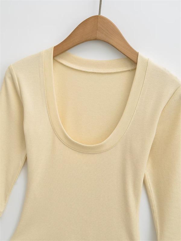 Women's Spicy Girl Deep U-Neck Sexy T-Shirt: Summer Slim-Fit, Elastic Mid-Sleeve, Pure Desire Top