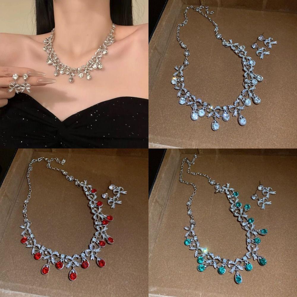 2 pieces Water Drop Rhinestone Jewelry Set Inlaid Crystal Necklace Set Necklace Earrings Set  Women