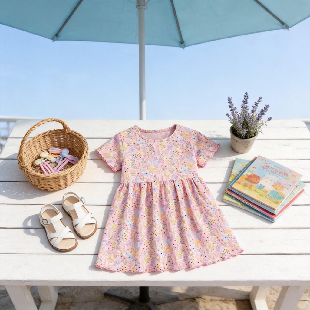 Girl Summer Cotton Short Sleeve Princess Dress With Cartoon Pattern For Kids