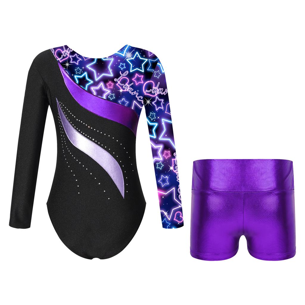 Girls Dance Set Long Sleeve Leotard Shiny Rhinestones Printed Patchwork Design Metallic High Waist Shorts
