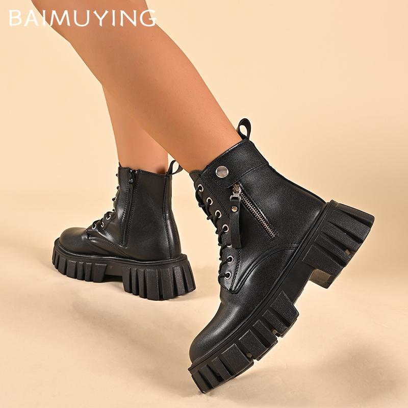 Plateau Damen Stiefeletten Mittelhohe Absätze Designerschuhe Schnürstiefel Chunky Motorradstiefel Trend Winter Goth Neu Botas De Mujer