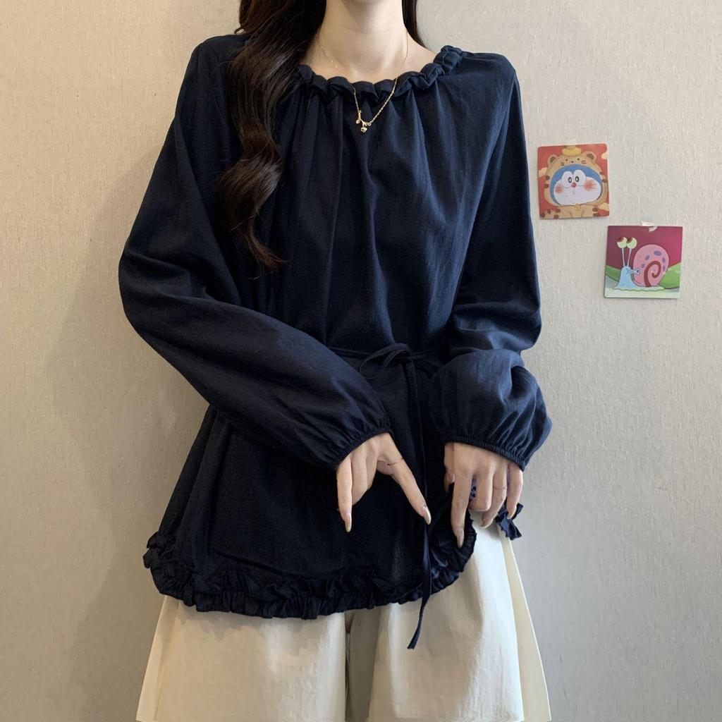 Plus Size Ruffled Waist Long Sleeve Shirt - Women's Spring/Autumn Korean Style, Slimming and Elegant Top