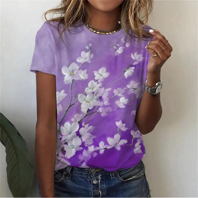Summer Flower Pattern 3D Printed T-shirt for Women, Round Neck Short Sleeved Casual T-shirt, Harajuku T-shirt, Y2k Top, Women's Clothing