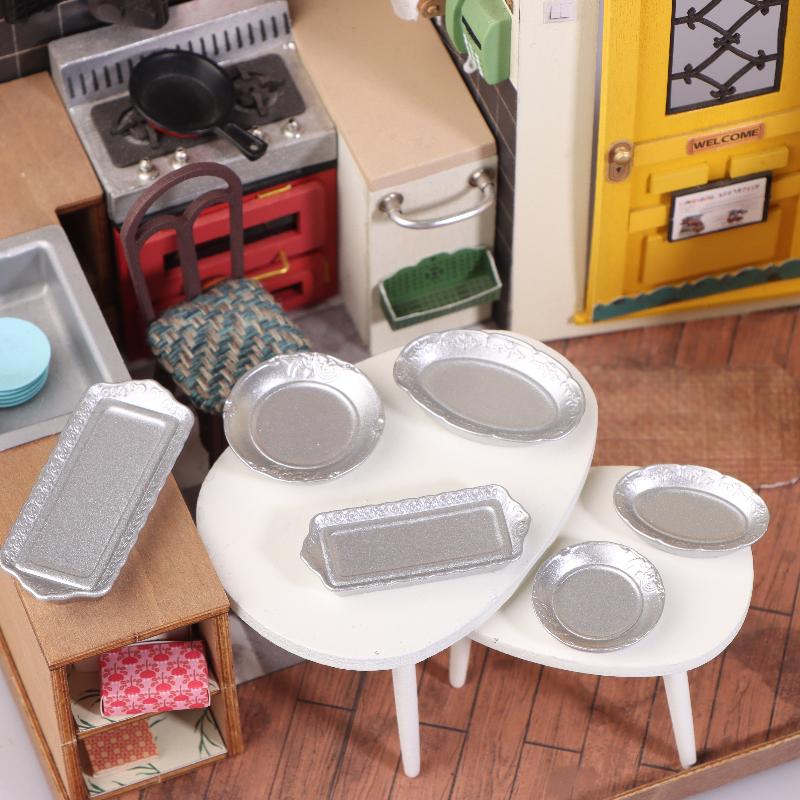 

6 шт. 1/12 Кукольный домик Серебряная обеденная тарелка Поднос для еды Модель Кукольный домик Кухонная посуда Украшение Игрушка Аксессуары для кукольного домика