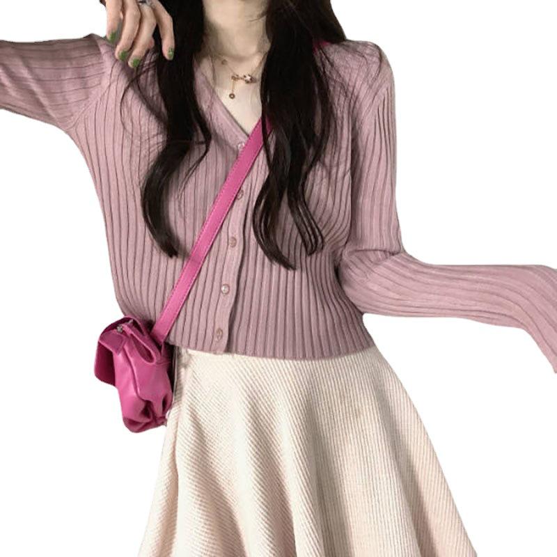 Autumn/Spring Korean Style Slimming V-Neck Ribbed Knit Cardigan Long Sleeve Top for Women Students