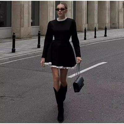 Women Elegant Lace Mini Dress Retro Temperament A Line Slim Dresses Patchwork High Waist Party Dresses Female Evening Gown