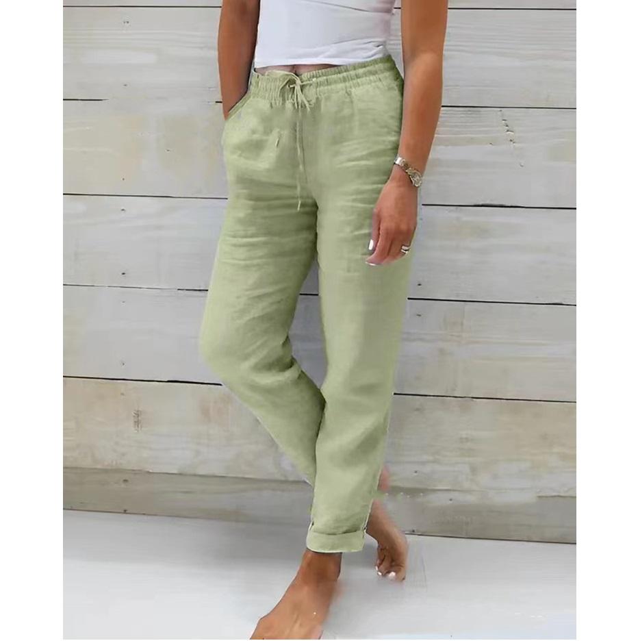 Ladies' high waisted elastic waisted solid color cotton and linen casual pants