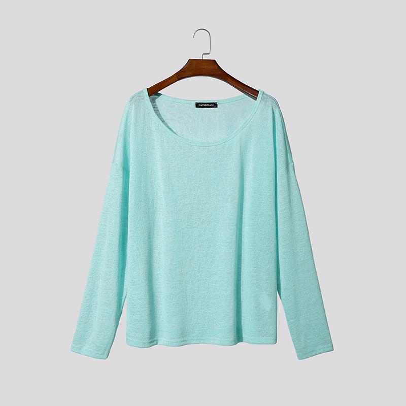 INCERUN Herren U-Boot-Ausschnitt Langarm Leicht Casual Oversized Halbtransparent Oberteile T-Shirts