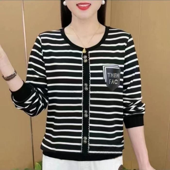 YYFS Women's Fashion Casual Spring Autumn Stripe Print Long Sleeve O-Neck Blouses & Shirts