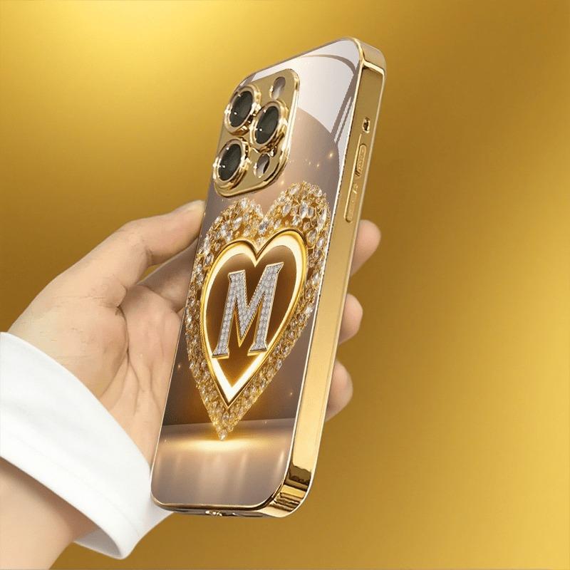 Sparkling Heart Letter M Pattern Metallic Paint Glass Phone Case For iPhone 17 16 15 14 13 12 11 Pro Max Plus 17 Air 16E Cover
