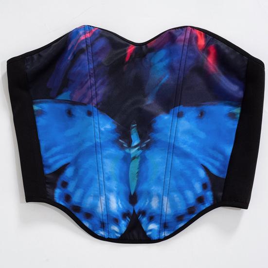 2 Pcs/Set Women Top Skirt Set Bodycon Skinny Colorful Mid-calf Length Animal Thin Backless Butterflies Print Sleeveless