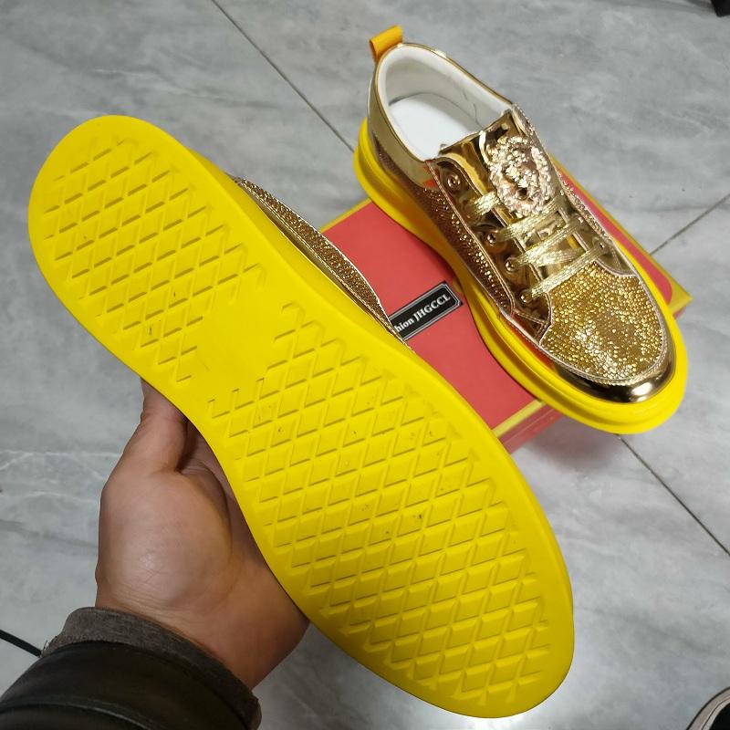 Fashion Men's Gold Rhinestone Casual Shoes White Platform Breathable Full with Sneakers Diamond Skates