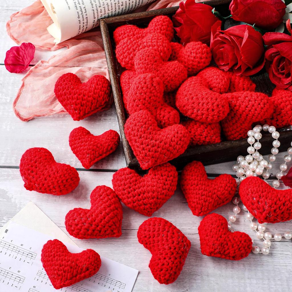 12Pcs Knitted Heart Ornaments Handmade Knitted Crochet Heart Tree Ornament for Home Christmas Tree Party Decor