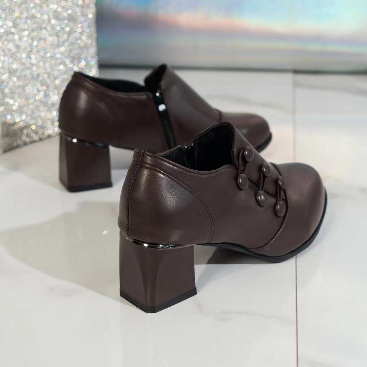 Women's Autumn Slip-On Pointed-Toe PU Leather Shoes Large Size Chunky Heel Pumps