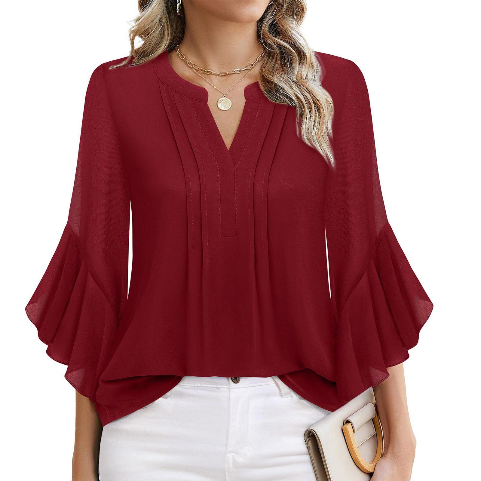 

Блузка с рукавом три четверти в виде листьев лотоса, однотонная, модная, повседневная, свободная, с V-образным вырезом, деловая, шифоновая, женская одежда XXL бордовый