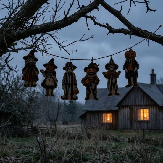 Halloween Wooden Ornaments 6Pcs Ornaments, Pumpkin Head Skeleton Character Hanging Decor with Figurines for Fireplace Rope, Pendant Party Window