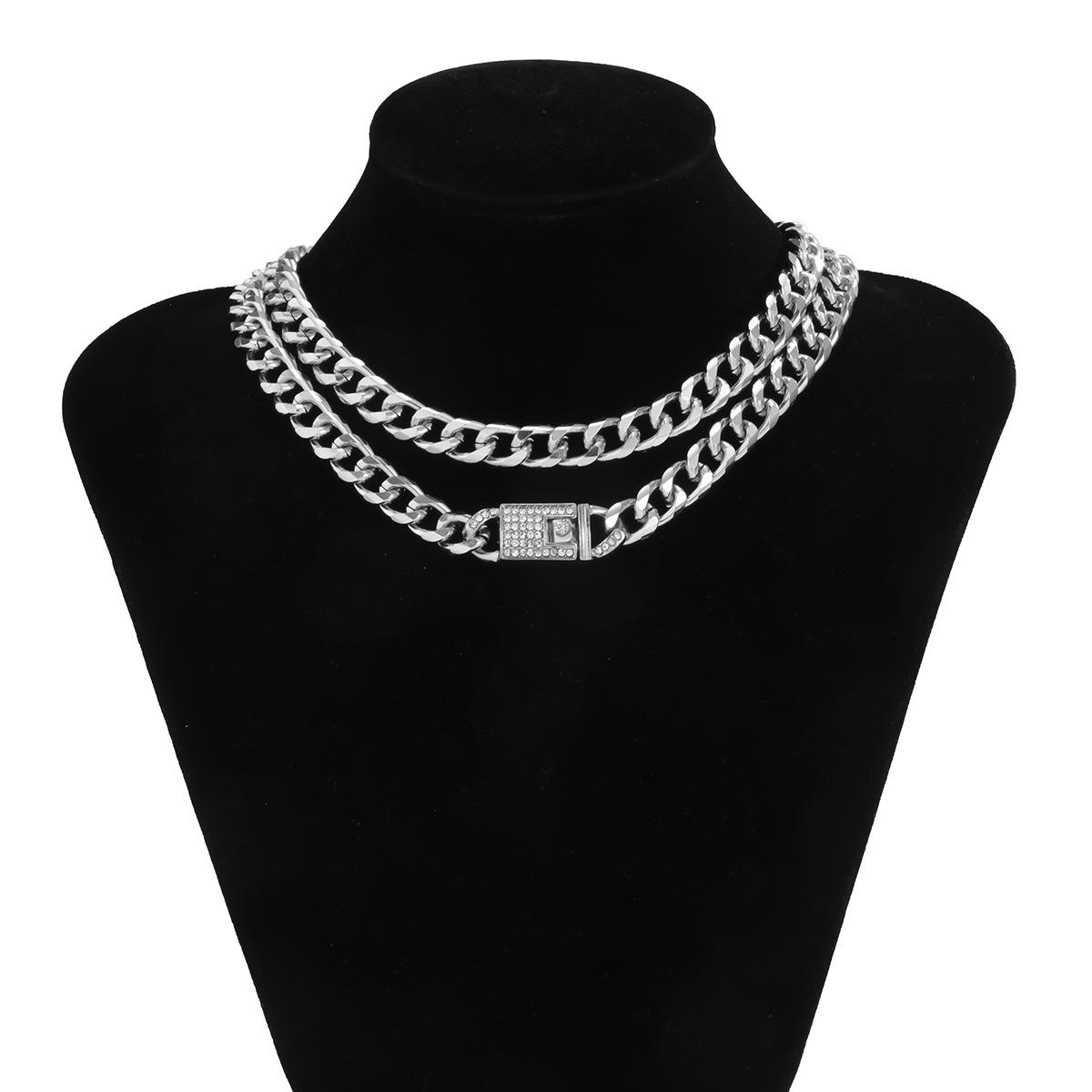 

Fashion Personality Metal Chain Multi-layer Necklace Hip-hop Exaggerated Thick Chain with Diamonds Men s Collarbone Chain White K 01676
