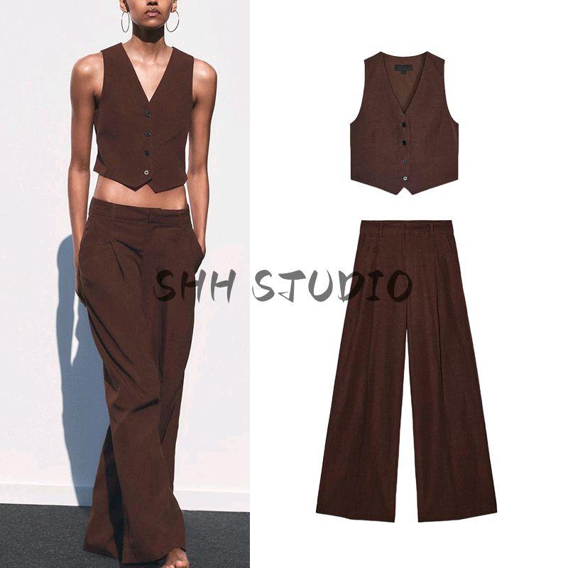 Back Opening Design V Neck Vest Jacket 4749766 High Waist Wide Leg Leisure Pleated Pants 1255435