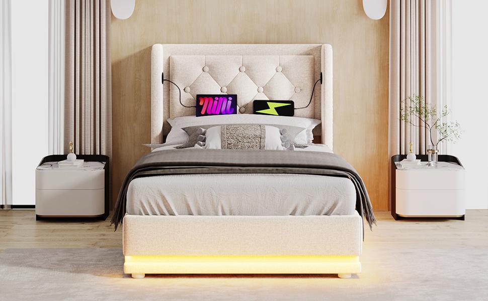 Upholstered Single Bed 90*200 cm, Beige Cotton Hydraulic Storage, Headboard with USB Type-C Charging, 3-Sided LED Function (Without Mattress)