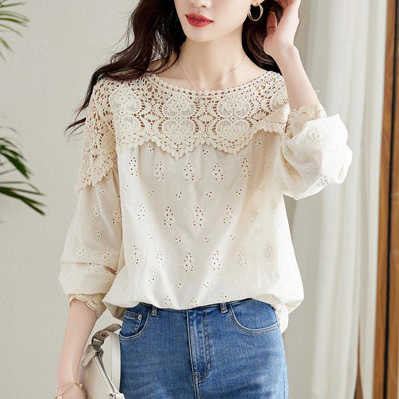 Apricot Lace Hollow Shirt for Women Long-sleeved Spring Clothes New Design Niche Top Chic Cotton Shirt