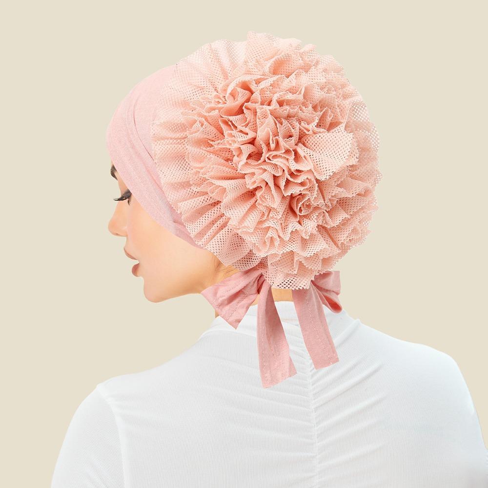

Solid Color Pre-tied Hijabs Back Lace Flower Women s Hijabs Inner Hijab Caps Women Head Covering рожевий