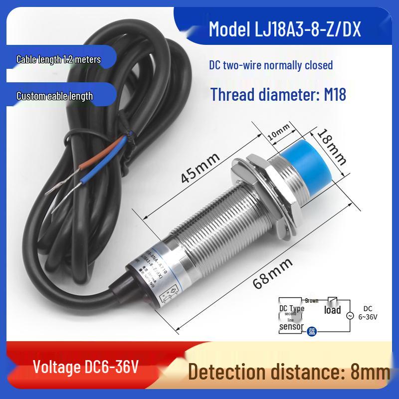 M18 Metal Sensor Proximity Switch - LJ18A3 Series, NPN, Normally Open, Three-wire
