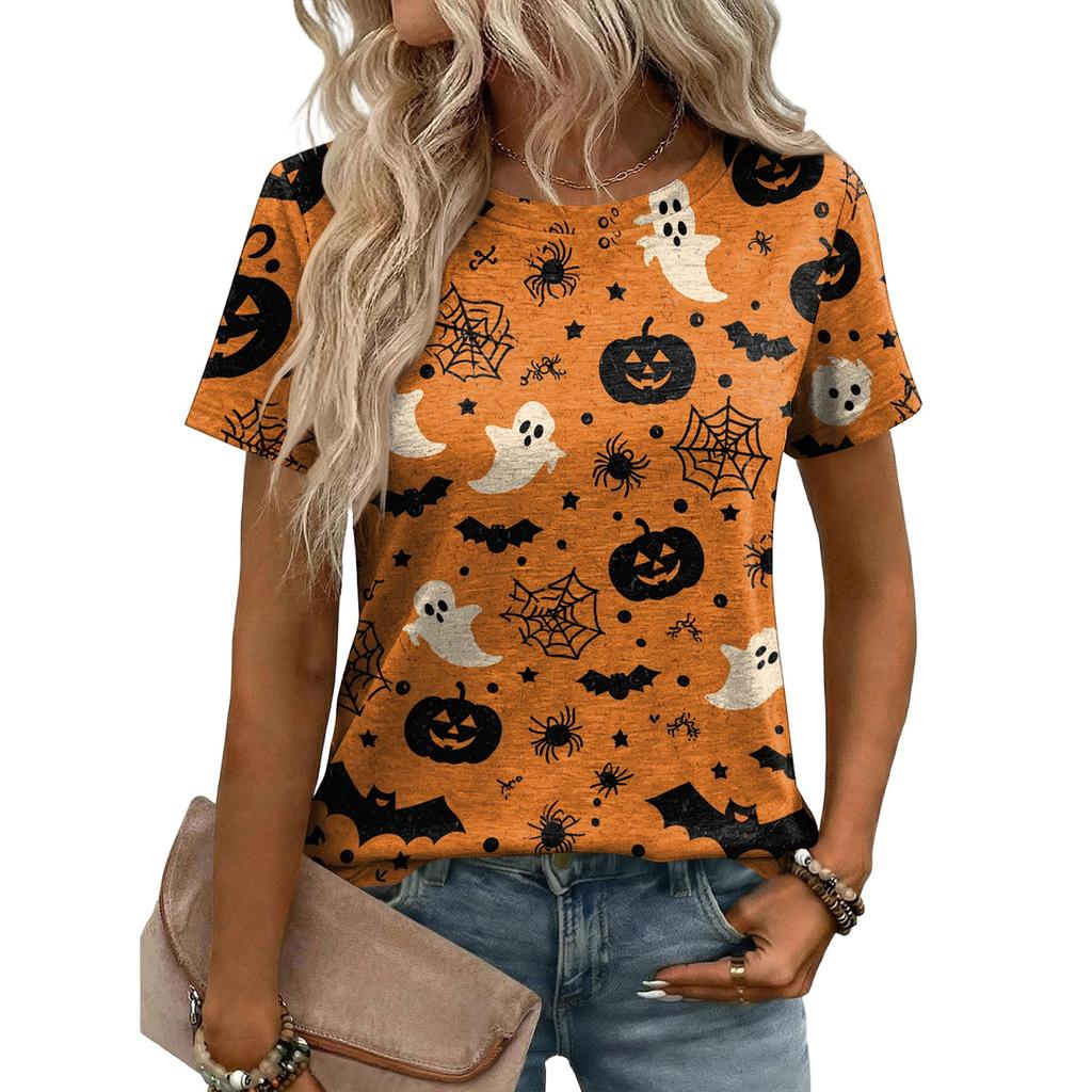 Women Casual Loose Fit Short Sleeve T Shirt Halloween Pumpkin Pattern Print Crew Neck Top Lightweight Soft Fabric