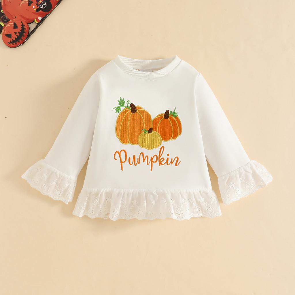 Kleinkind Mädchen Halloween Kürbis Stickerei Langarm Rundhals Pullover Sweatshirt und Elastische Taille Ausgestellte Hose Set